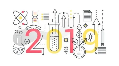 Science 2019 word trendy composition concept banner. Outline stroke technology Stock Illustration