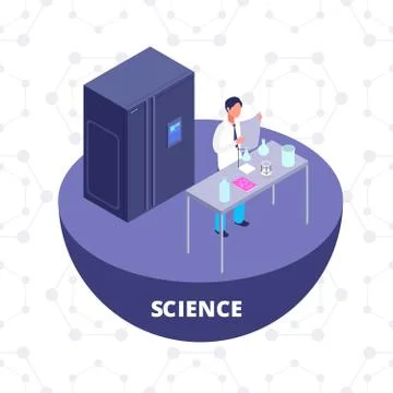 Science 3d isometric research lab with laboratory equipment and scientist vector Stock Illustration