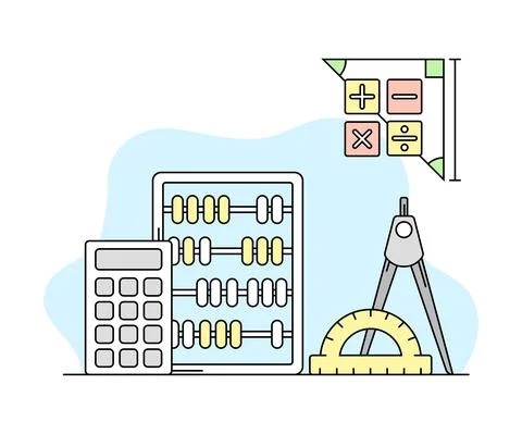 Science and Arithmetic Study with Counting Frame and Calculator Vector Line Stock Illustration