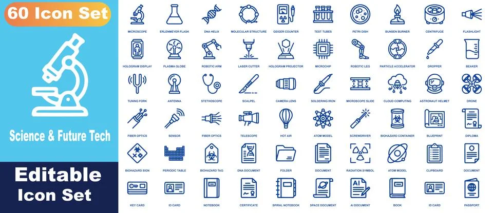 Science and future technology icon sheet featuring 60 blue line symbols inc.. Stock Illustration