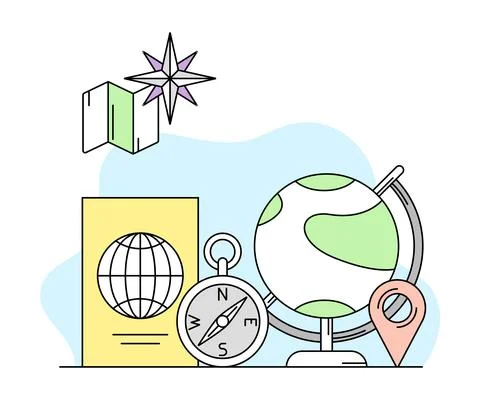 Science and Geography Study with Compass and Globe Vector Line Illustration Stock Illustration