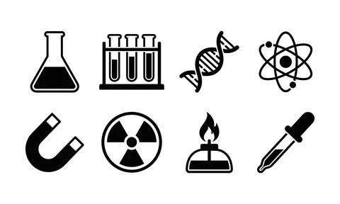 Science and laboratory icons featuring flasks dna and test tubes 库存插图