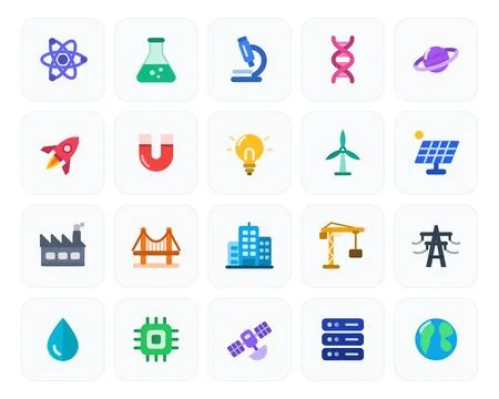 Science and Technology Icon Set - Flat Vector Infrastructure and Innovation Stock Illustration