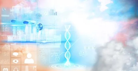 Science and technology interface in front of colorful clouds Stock Photos