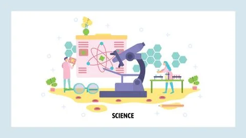 Science and technology poster. Scientists, microscope, research, physics. Atom Illustrazione stock