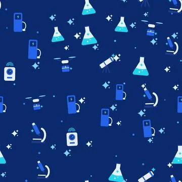 Science and technology seamless pattern with flasks, microscopes, telescopes, Stock Illustration