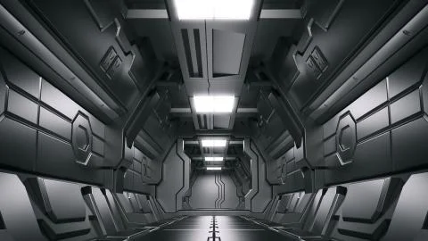 Science background fiction interior rendering sci-fi spaceship corridors,3D r 库存插图