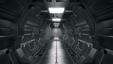 Science background fiction interior rendering sci-fi spaceship corridors,3D r Stock Illustration