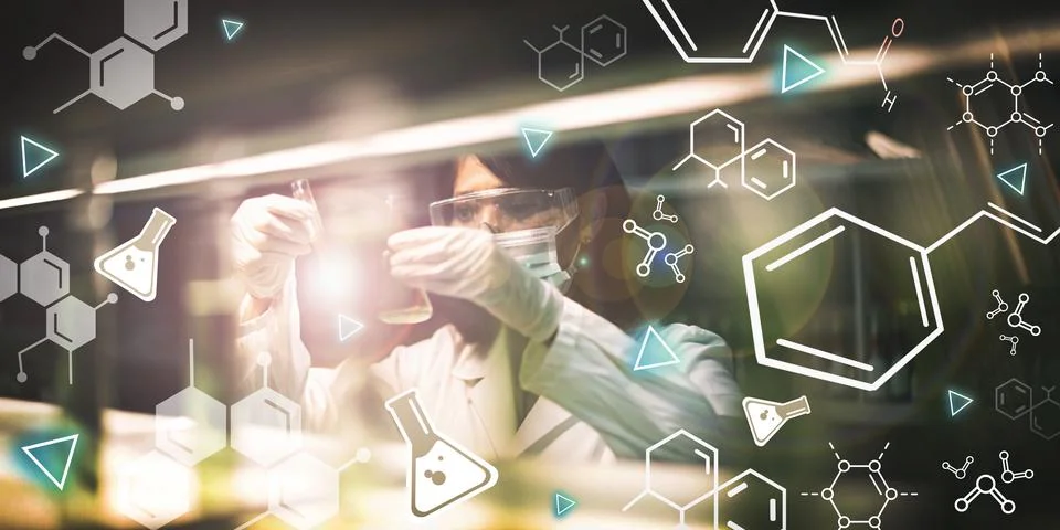 Science Background. Scientists and Future Chemical Experiments for Development Stock Illustration