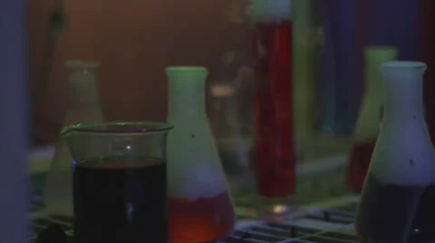Science Beakers Bubble In The Mad Science Lab Stock Footage 33850078