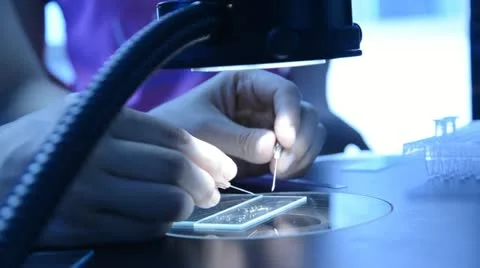 Science biotechnology experiment,  scientist dissect pollen under microscope Stock Footage 12254614