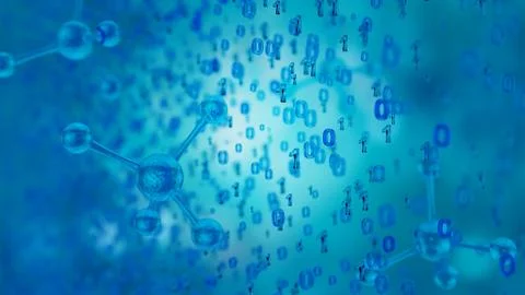 Science Blue Background with Binary Code and Molecules, 3D Render Stock Illustration