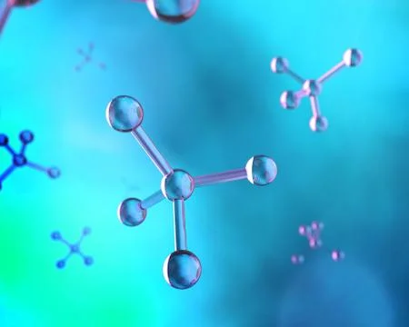 Science blue background with molecules, 3D illustration of high technologies. Illustrazione stock