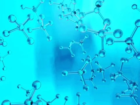 Science blue background with molecules, 3D illustration of high technologies. Illustrazione stock