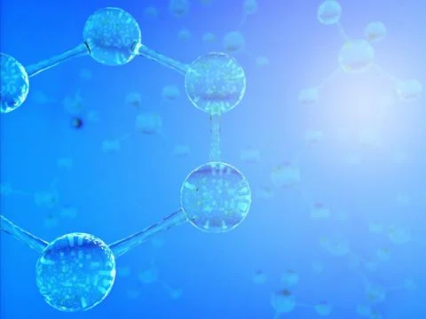 Science blue background with molecules, 3D render - high bio technologies. Illustrazione stock