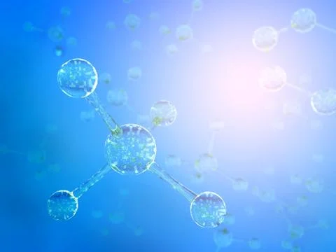 Science blue background with molecules, 3D render - high bio technologies. Illustrazione stock