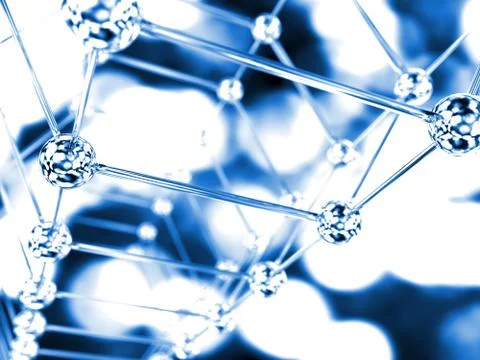 Science blue background with molecules, 3D render - high bio technologies. Illustrazione stock