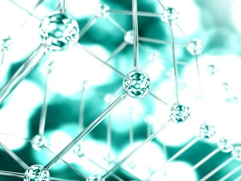 Science blue background with molecules, 3D render - high bio technologies. Illustrazione stock