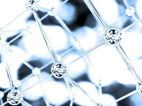 Science blue background with molecules, 3D render - high bio technologies. Illustrazione stock