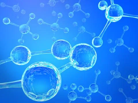 Science blue background with molecules, 3D render - high bio technologies. Illustrazione stock