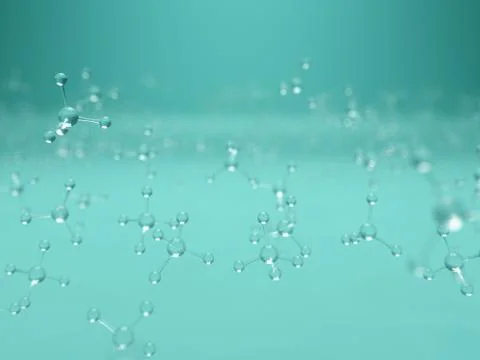 Science blue background with molecules, 3D render - high bio technologies. Illustrazione stock