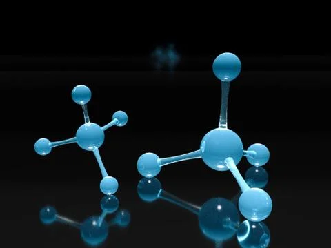 Science blue background with molecules, 3D render - high bio technologies. Illustrazione stock