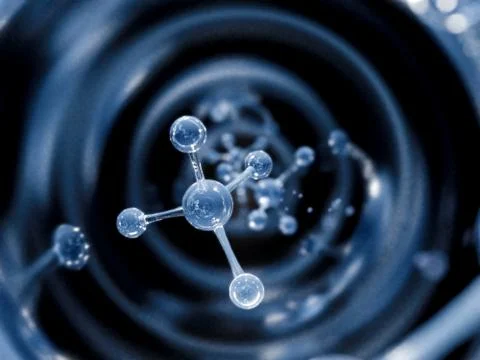 Science blue background with molecules, 3D render - high bio technologies. Illustrazione stock