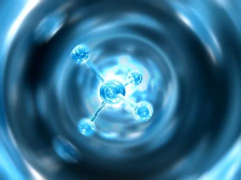 Science blue background with molecules, 3D render - high bio technologies. Illustrazione stock