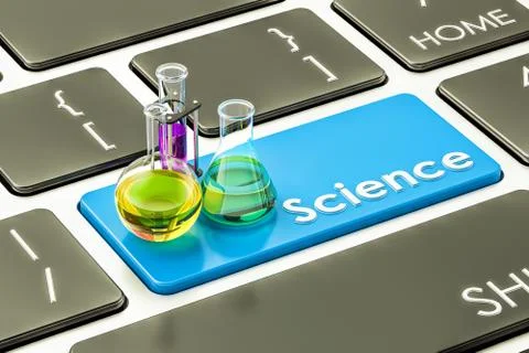 Science blue button, key on the computer keyboard. 3D rendering 库存插图
