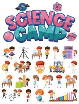 Science camp logo and set of children with education objects isolated Stock Illustration