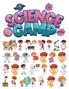 Science camp logo and set of children with education objects isolated Illustrazione stock