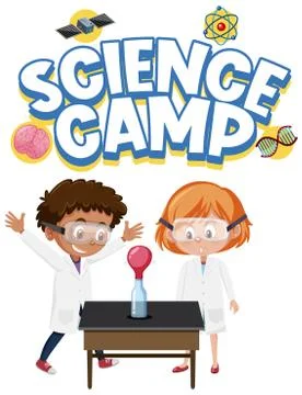 Science camp logo and two kids wearing scientist costume isolated Stock Illustration