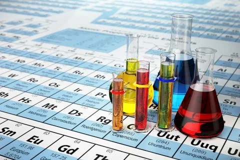 Science chemistry concept. Laboratory test tubes and flasks with colored liqu 库存插图