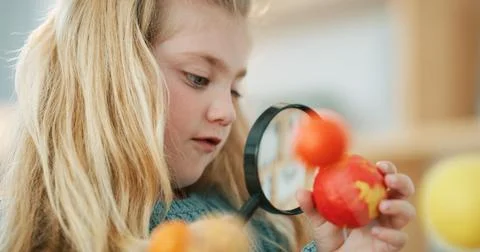 Science, child or molecule model with magnifying glass for matter homework,.. Stock Photos