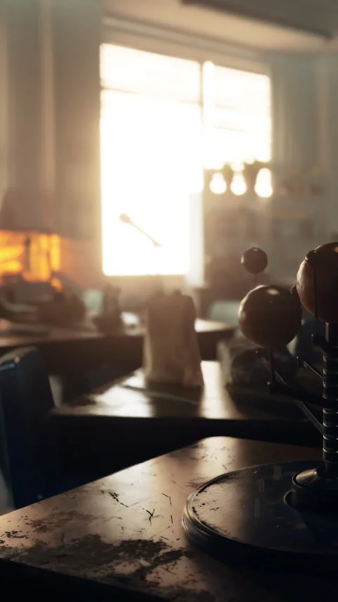 Science classroom with a solar system model during afternoon light Stock Footage 340279467