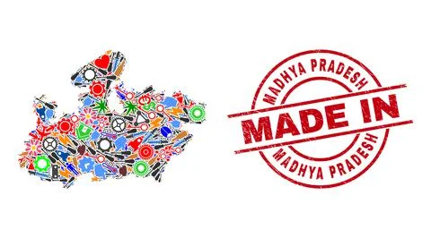 Science Collage Madhya Pradesh State Map and Made in Grunge Seal Illustrazione stock