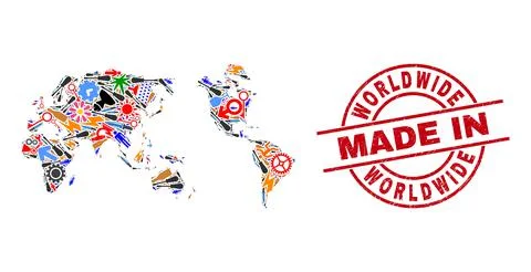Science Collage Worldwide Map and Made in Scratched Stamp Illustrazione stock
