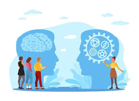 Science of communication. Language learning, tiny people on huge head background Stock Illustration