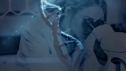 Science Composition Animated DNA combined with photo of woman looking into a Video stock 98112499