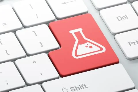 Science concept: Flask on computer keyboard background Illustrazione stock
