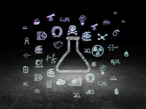 Science concept: Flask in grunge dark room Ilustración de archivo