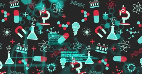 Science concept icons and data processing against black background Stock Illustration