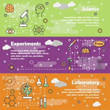 Science concept vector flat line art banner set Stock Illustration