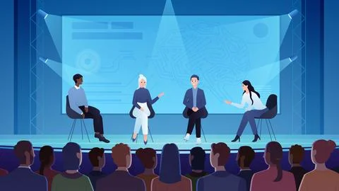 Science conference, lecture with presentation of scientists in front of audience Stock Illustration