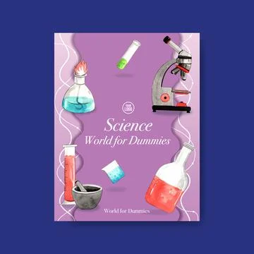 Science cover book design with microscope, test tube watercolor illustration. Stock Illustration