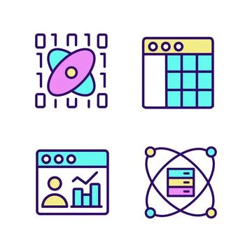 Science data mining RGB color pixel perfect icons set Illustrazione stock
