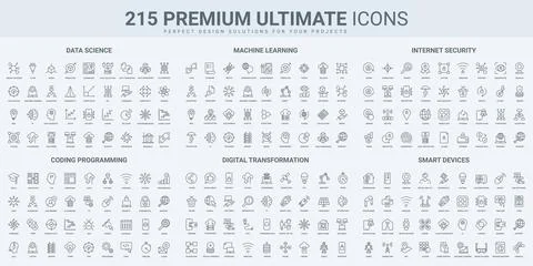 Science data research, cyber technology and software code thin black line icons Stock Illustration