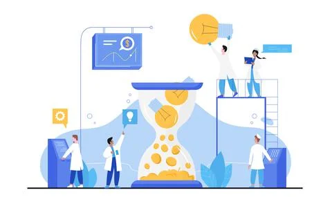 Science, data research, finance experiment, tiny scientists throw light bulb in Stock Illustration