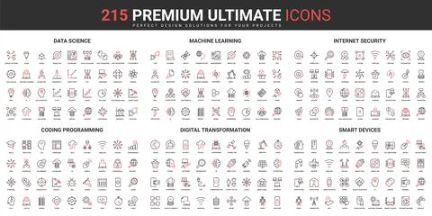 Science digital technology and hightech smart devices thin line red black icons Stock Illustration