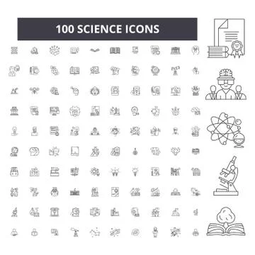 Science editable line icons, 100 vector set, collection. Science black outline Stock Illustration